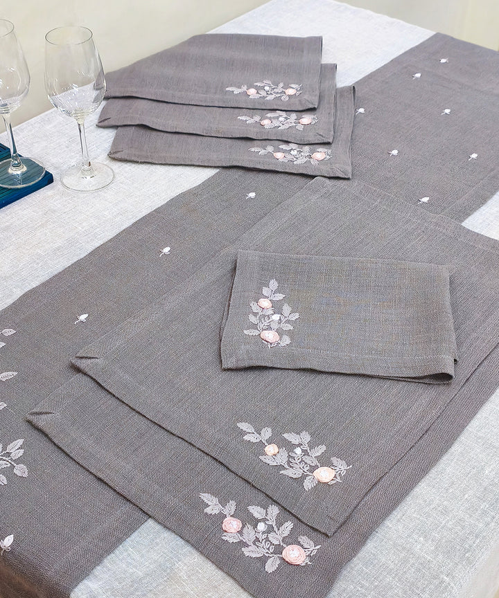 Set of Grey Hand Embroidered Pure Linen 6 seater Table Runner & 6 pcs Table Mats