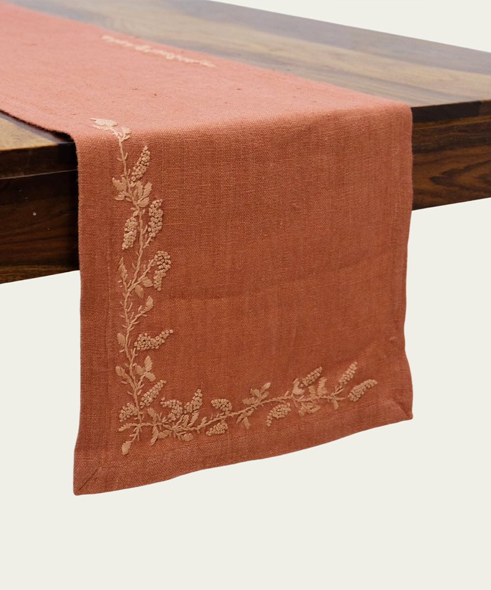 6 Seater Rustic Brown Hand Emb Pure Linen Dining Table Runner