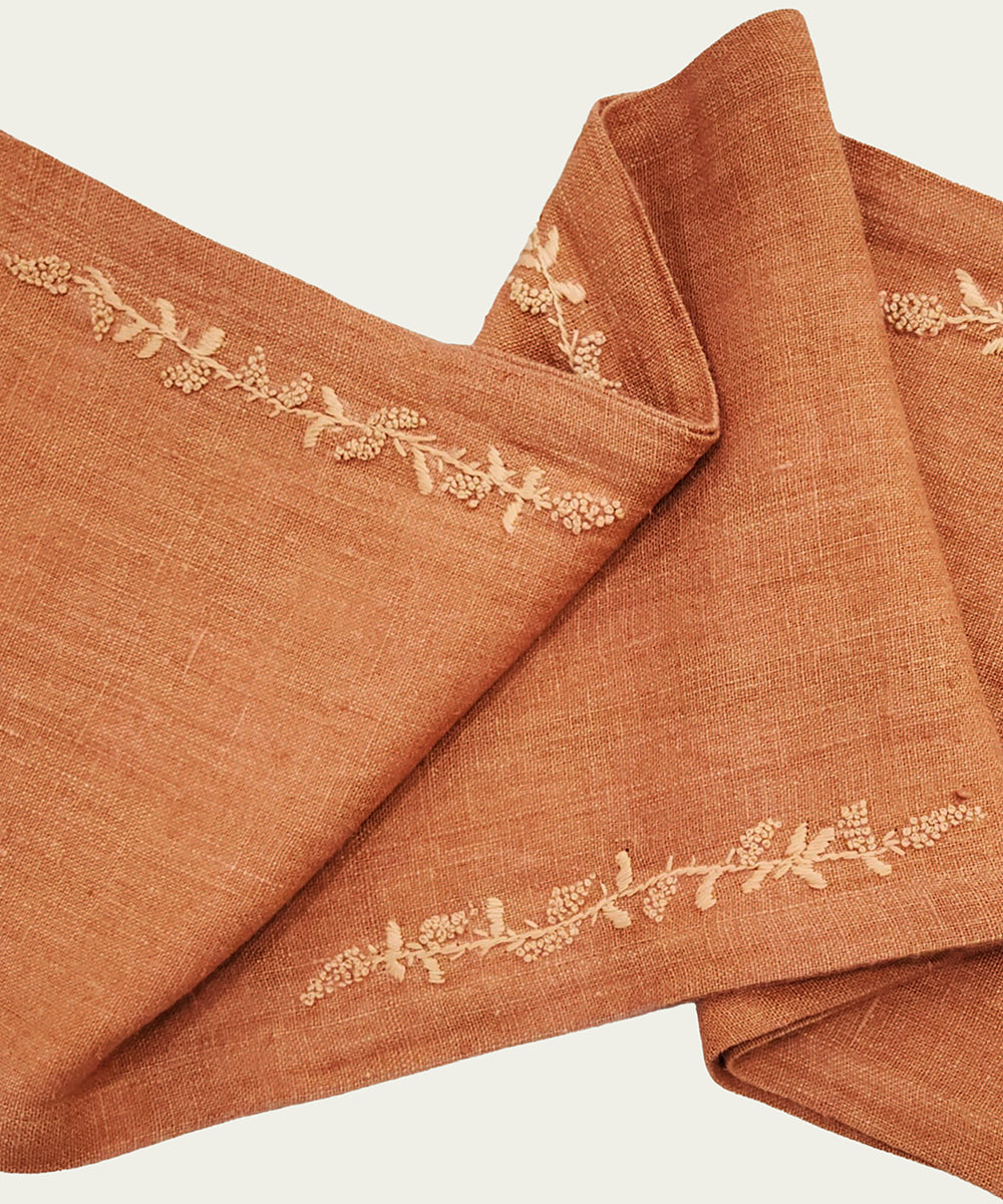 6 Seater Rustic Brown Hand Emb Pure Linen Dining Table Runner