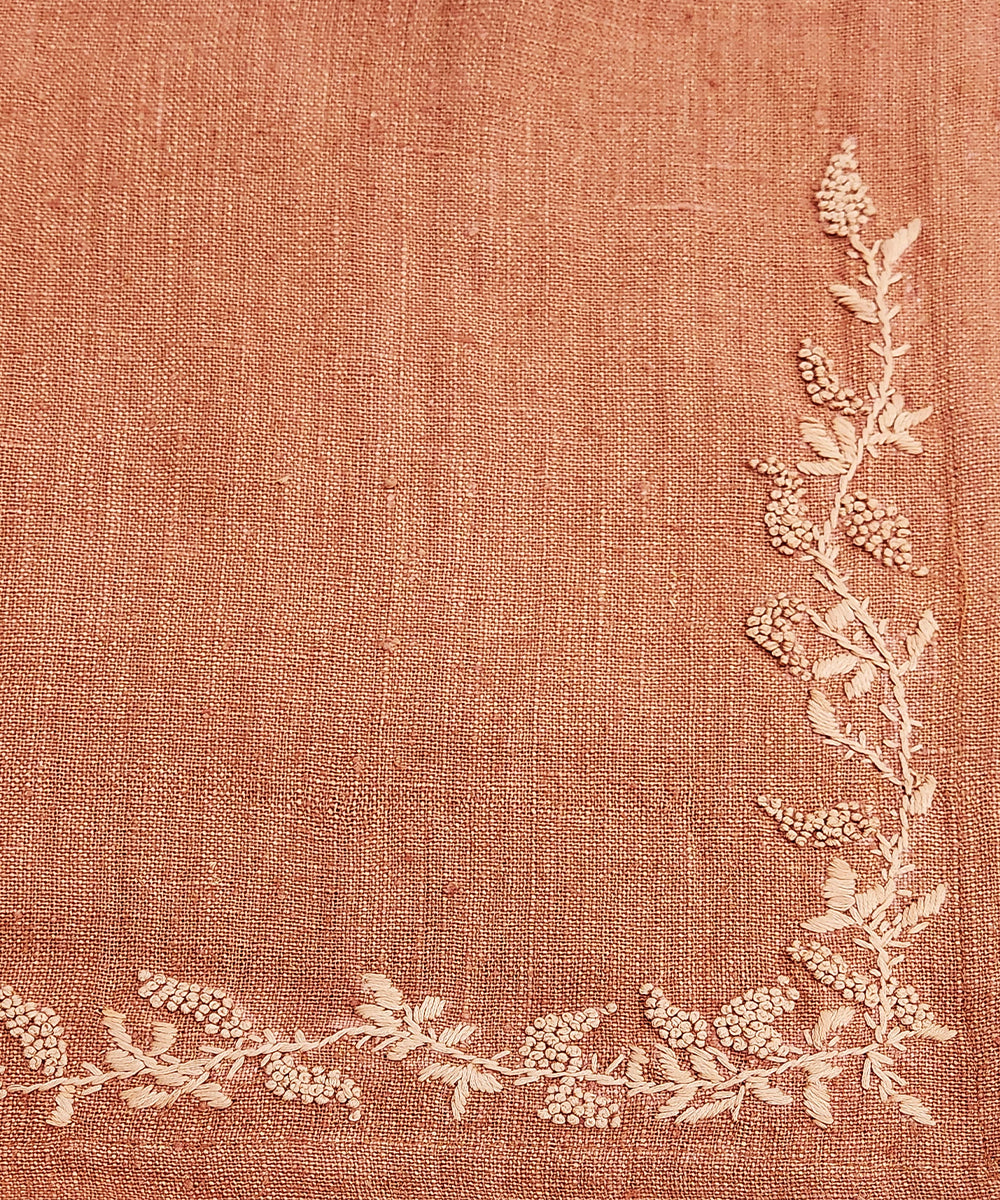 6 Seater Rustic Brown Hand Emb Pure Linen Dining Table Runner