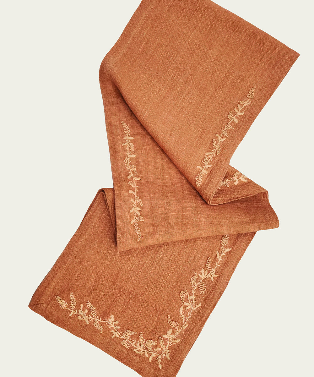 6 Seater Rustic Brown Hand Emb Pure Linen Dining Table Runner