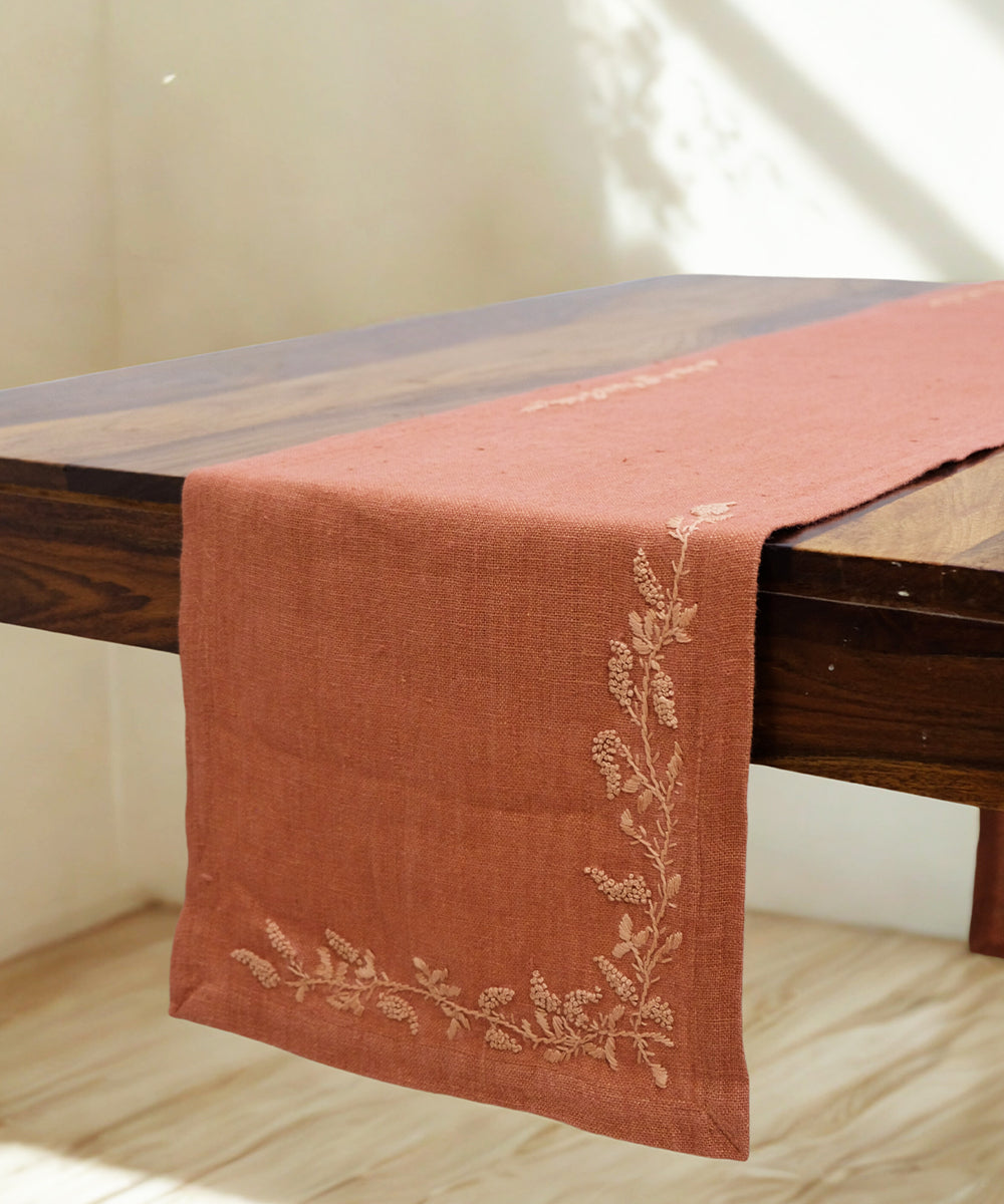 6 Seater Rustic Brown Hand Emb Pure Linen Dining Table Runner