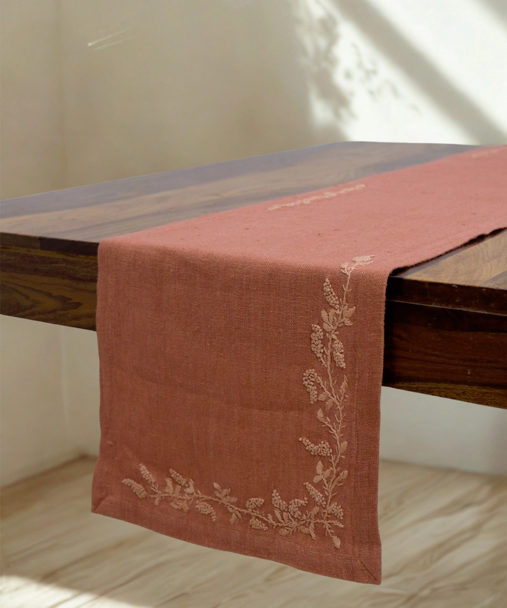 6 Seater Rustic Brown Hand Emb Pure Linen Dining Table Runner