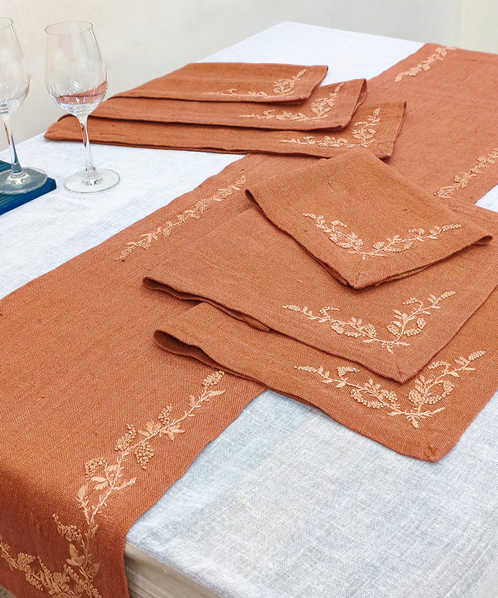 Set of Rustic Brown Hand Embroidered Pure Linen Table Runner & 6 pcs Table Mats