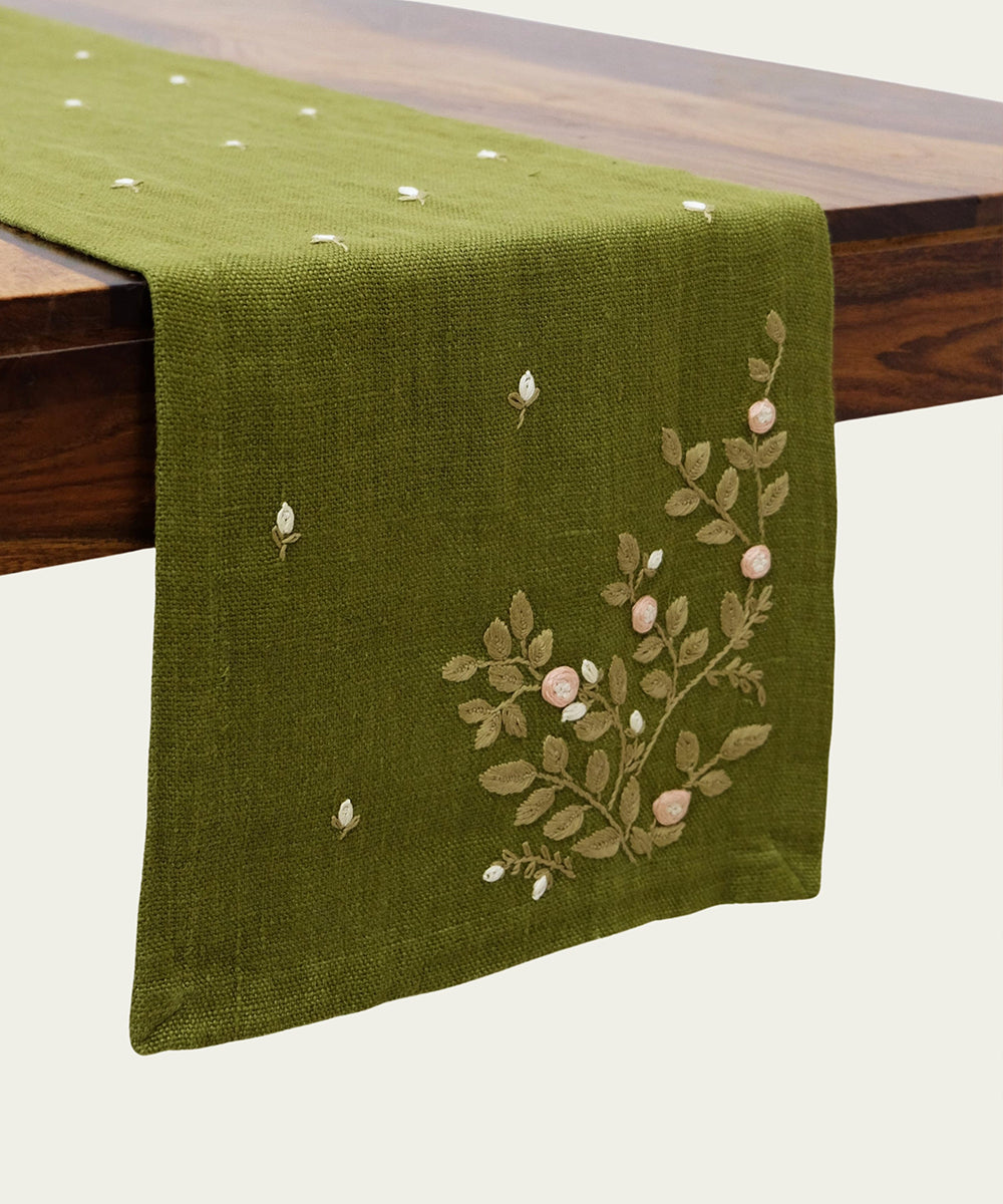 Set of Olive Hand Embroidered Pure Linen Table Runner with 6 pcs Table Mats