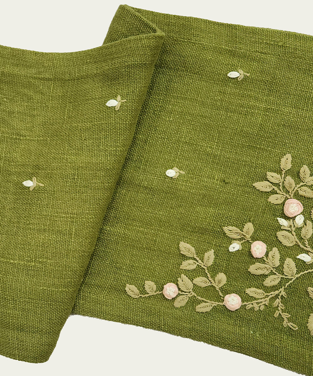 6 Seater Olive Hand Emb Pure Linen Dining Table Runner
