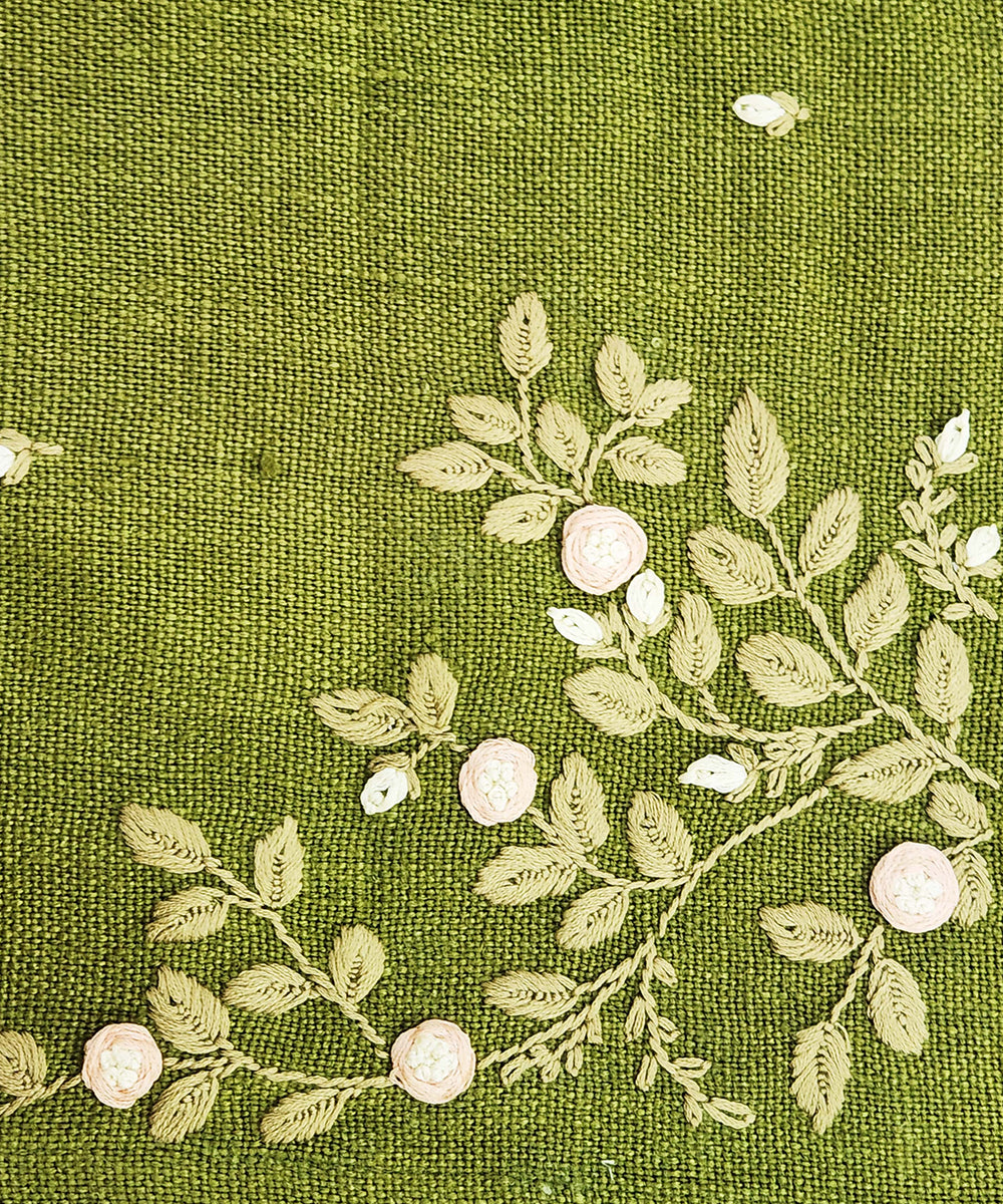 6 Seater Olive Hand Emb Pure Linen Dining Table Runner