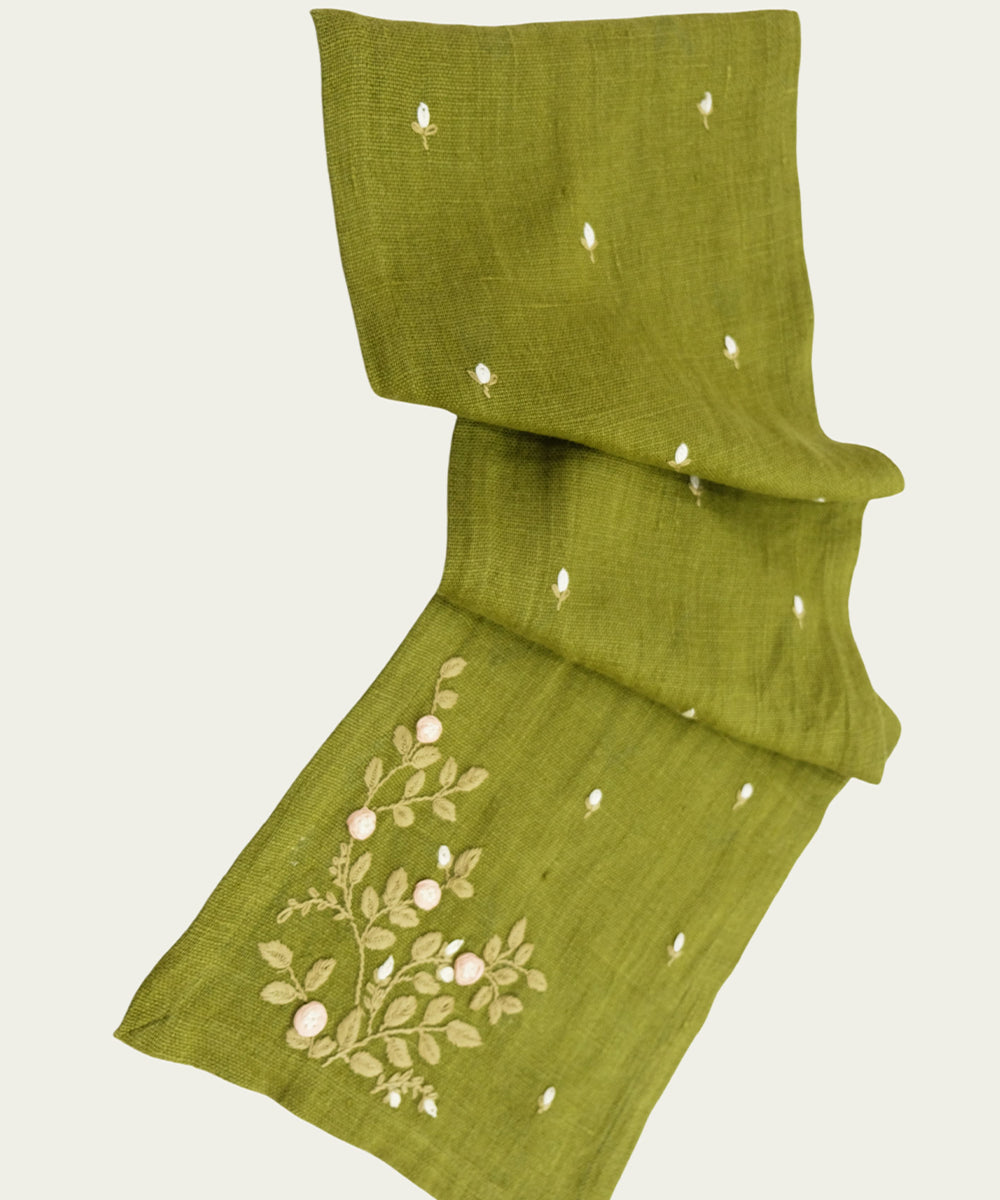 Set of Olive Hand Embroidered Pure Linen Table Runner with 6 pcs Table Mats