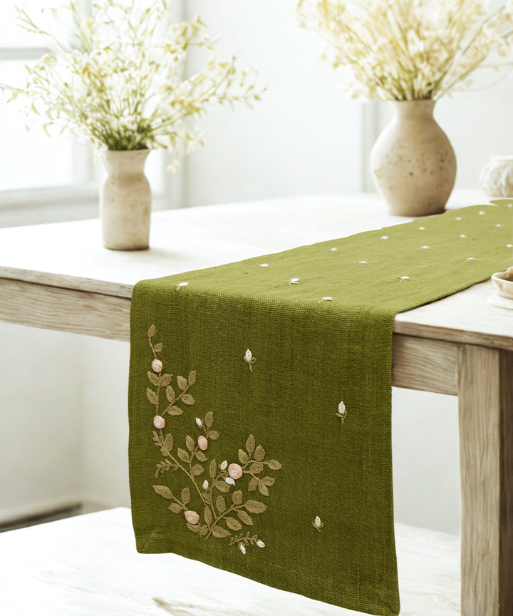 6 Seater Olive Hand Emb Pure Linen Dining Table Runner