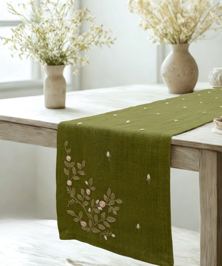 6 Seater Olive Hand Emb Pure Linen Dining Table Runner