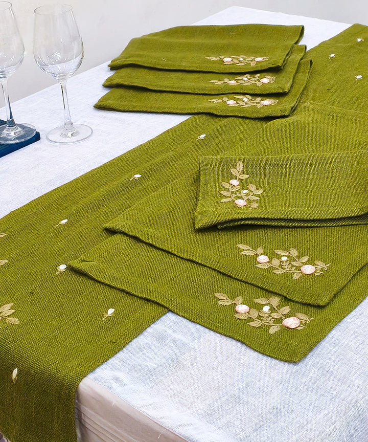 Set of Olive Hand Embroidered Pure Linen Table Runner with 6 pcs Table Mats
