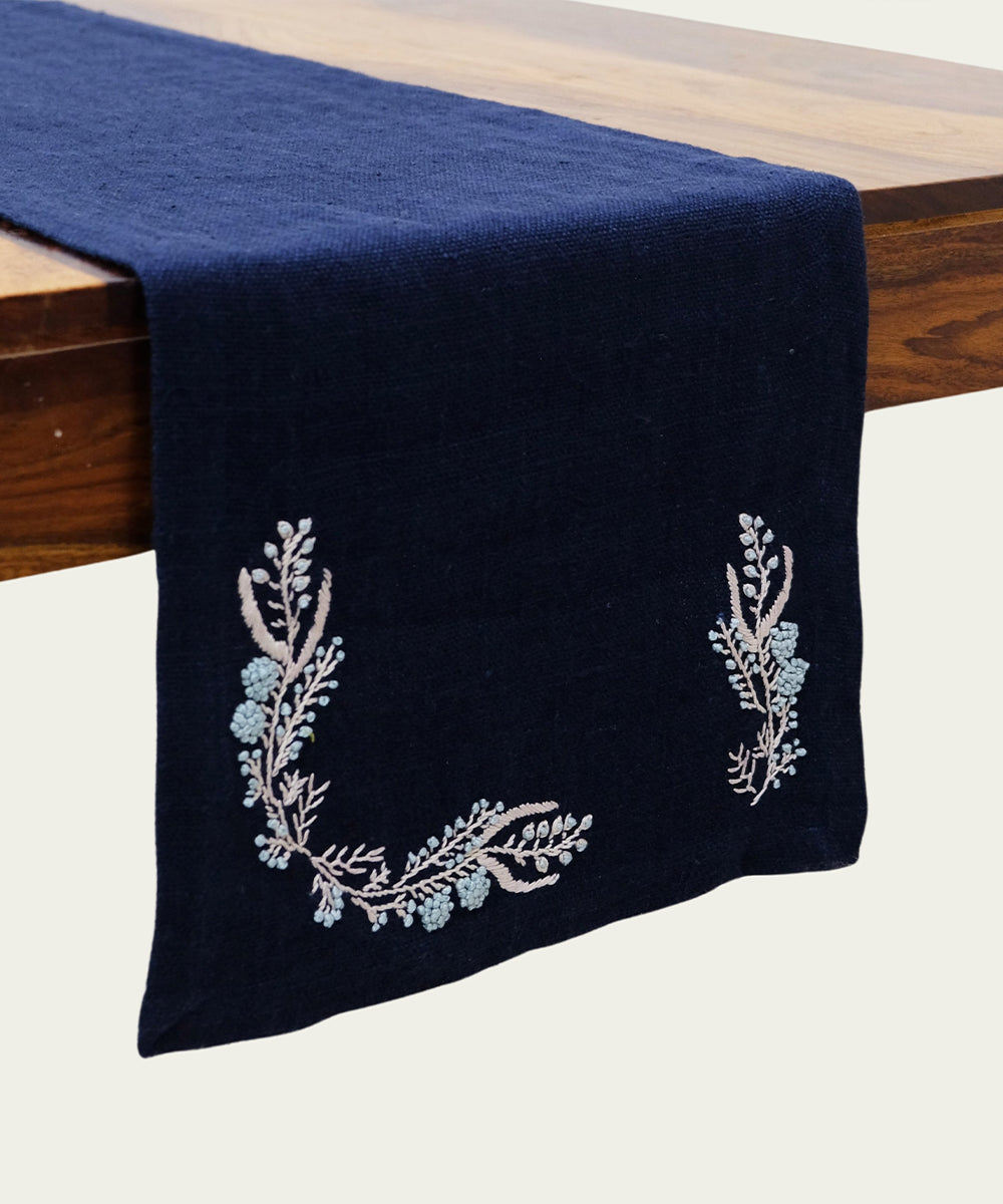 Set of Navy Hand Embroidered Pure Linen Table Runner with 6 pcs Table Mats