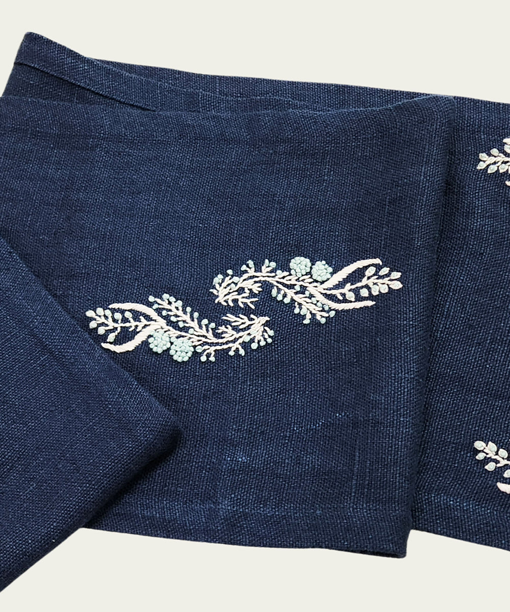 6 Seater Navy Hand Emb Pure Linen Dining Table Runner