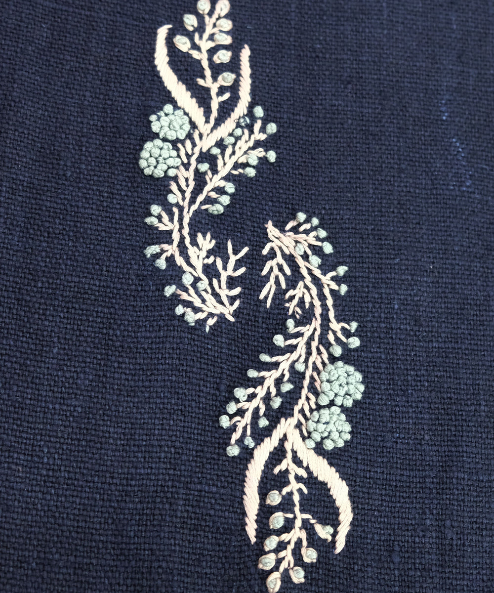 6 Seater Navy Hand Emb Pure Linen Dining Table Runner