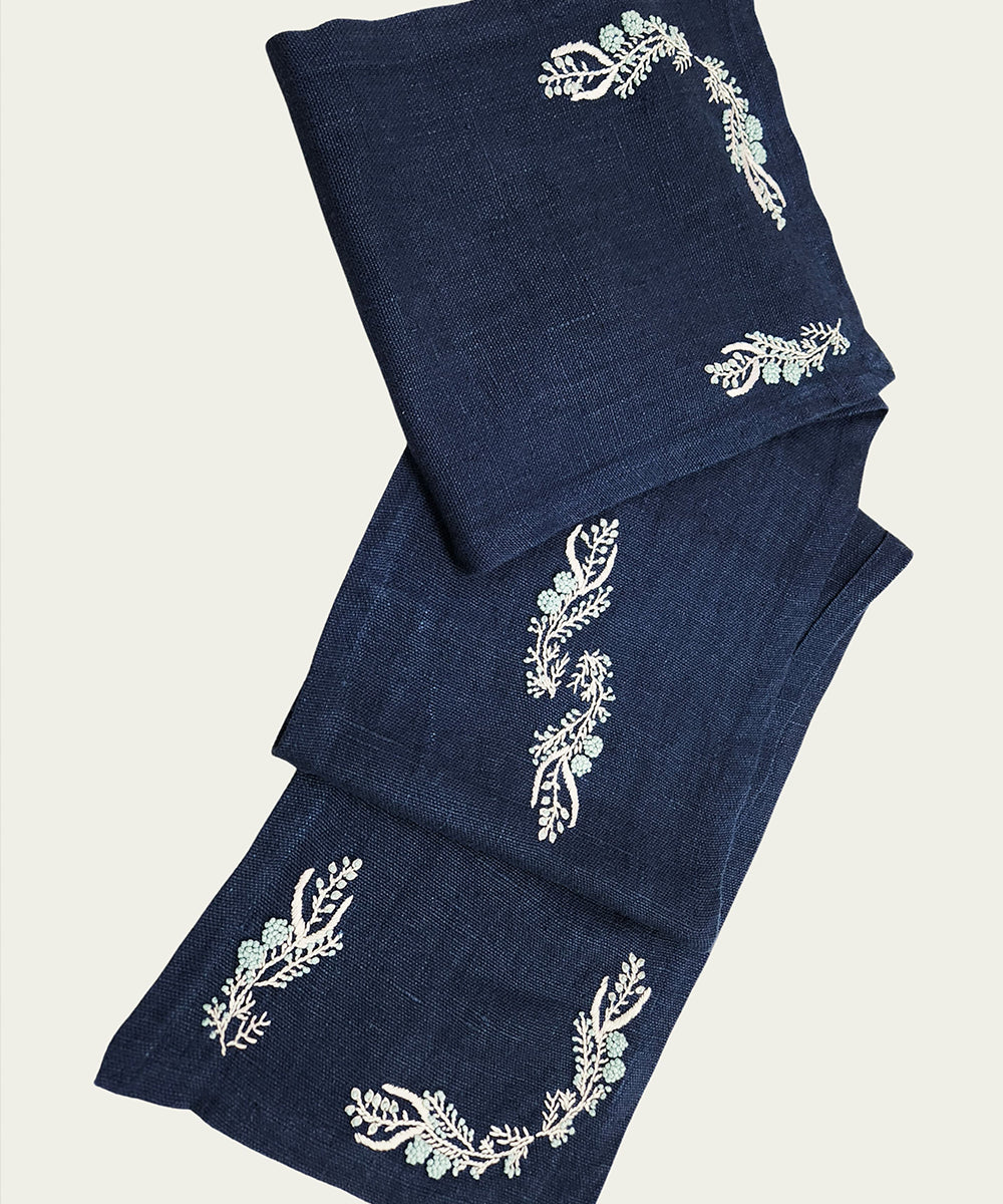 Set of Navy Hand Embroidered Pure Linen Table Runner with 6 pcs Table Mats