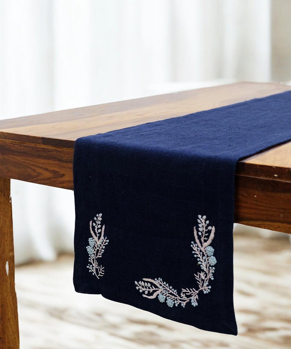 6 Seater Navy Hand Emb Pure Linen Dining Table Runner