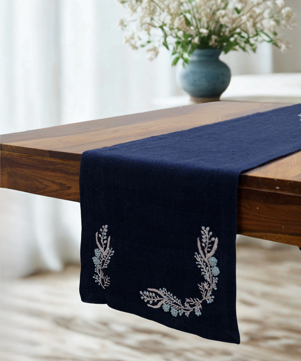 6 Seater Navy Hand Emb Pure Linen Dining Table Runner