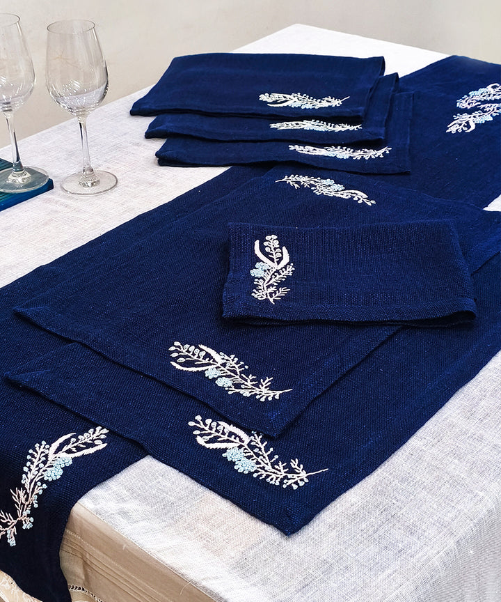 Set of Navy Hand Embroidered Pure Linen Table Runner with 6 pcs Table Mats