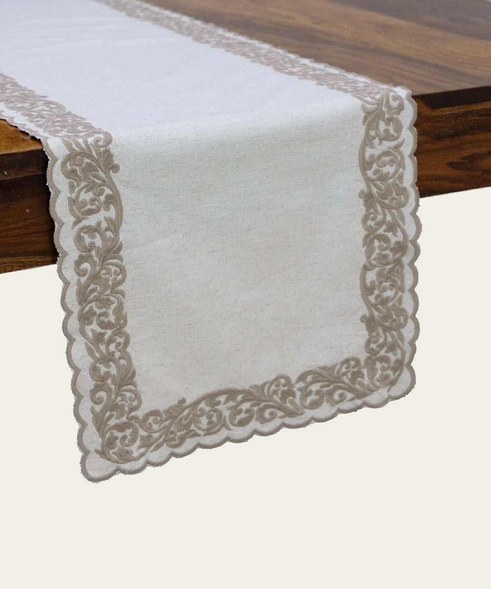 Natural Beige Cotton Flex Cutwork Table Linen Set – Set of 6 Placemats & 1 (6-Seater) Table Runner