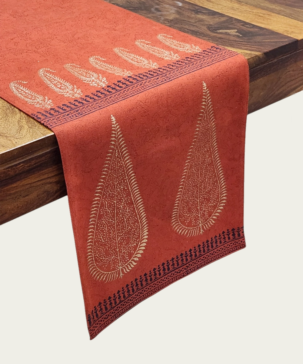 Set of 6 pcs Burnt Orange hand block printed cotton canvas Table Mats with 1 pc 6 seater Table Runner