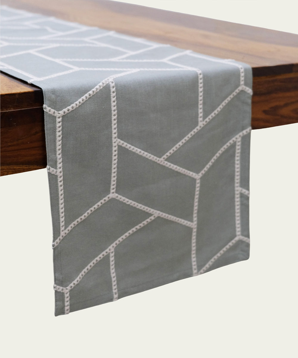 6 seater Greenish Grey  Geo Embroidered Cotton Table Runner