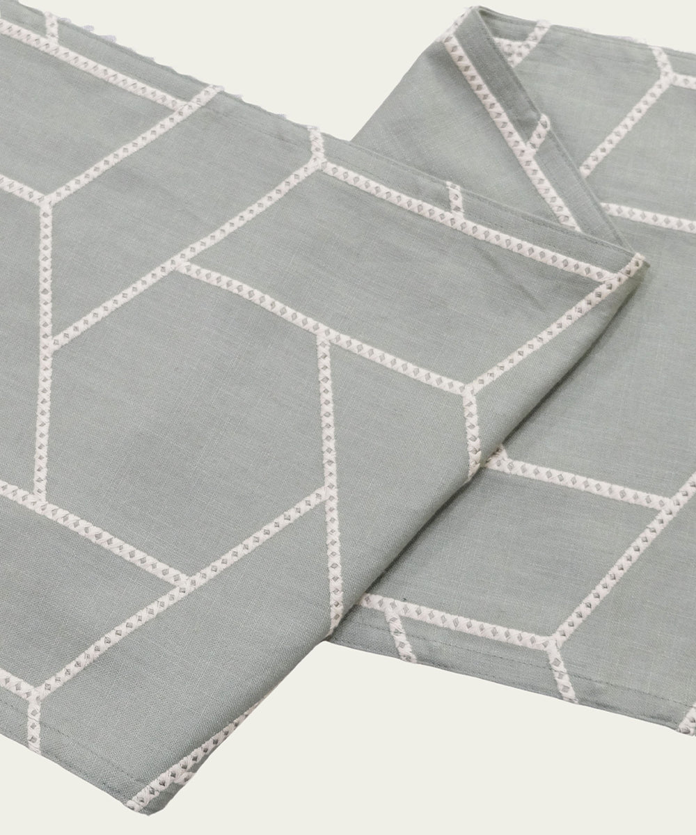 6 seater Greenish Grey  Geo Embroidered Cotton Table Runner