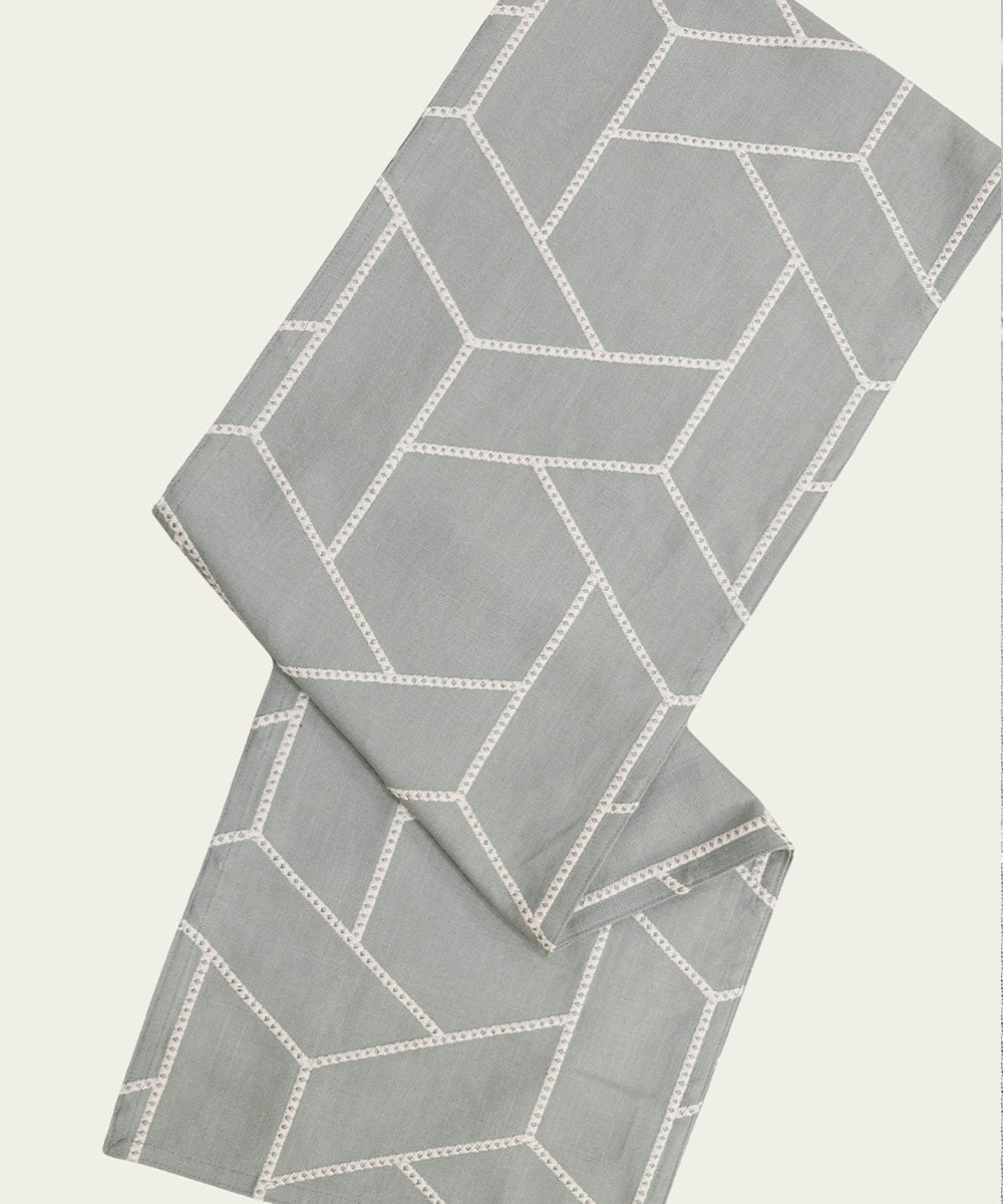 6 seater Greenish Grey  Geo Embroidered Cotton Table Runner