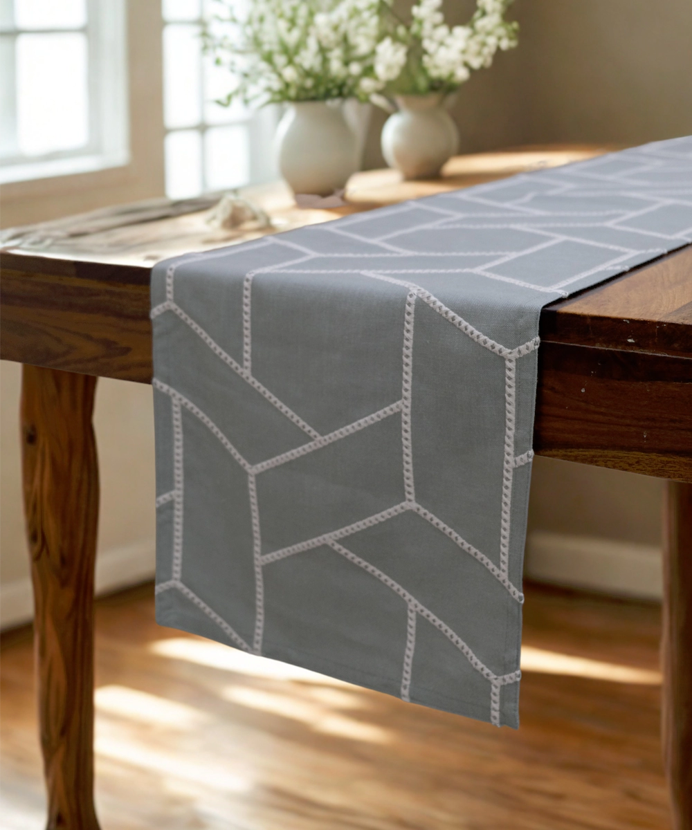 6 seater Greenish Grey  Geo Embroidered Cotton Table Runner
