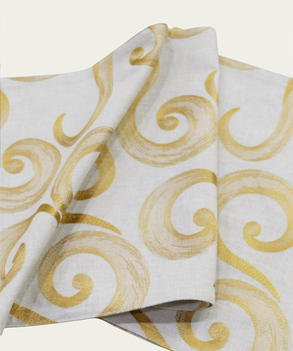 6 seater Beige & Mustard Swirl Embroidered Cotton Table Runner