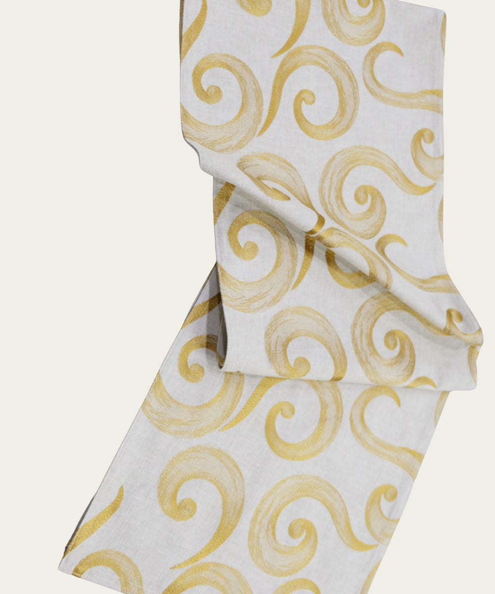 6 seater Beige & Mustard Swirl Embroidered Cotton Table Runner