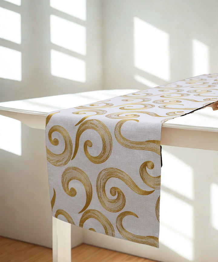 6 seater Beige & Mustard Swirl Embroidered Cotton Table Runner
