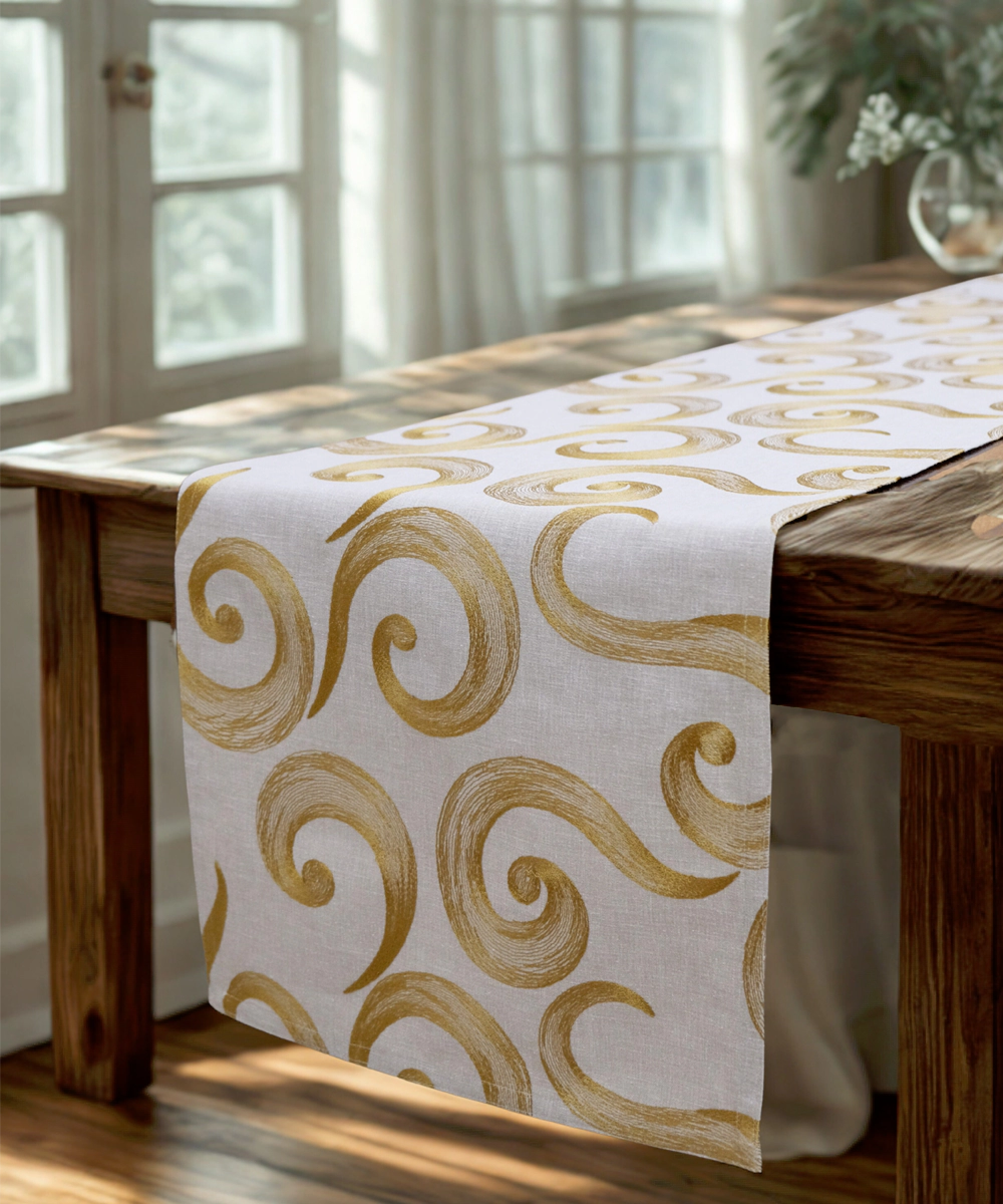 6 seater Beige & Mustard Swirl Embroidered Cotton Table Runner