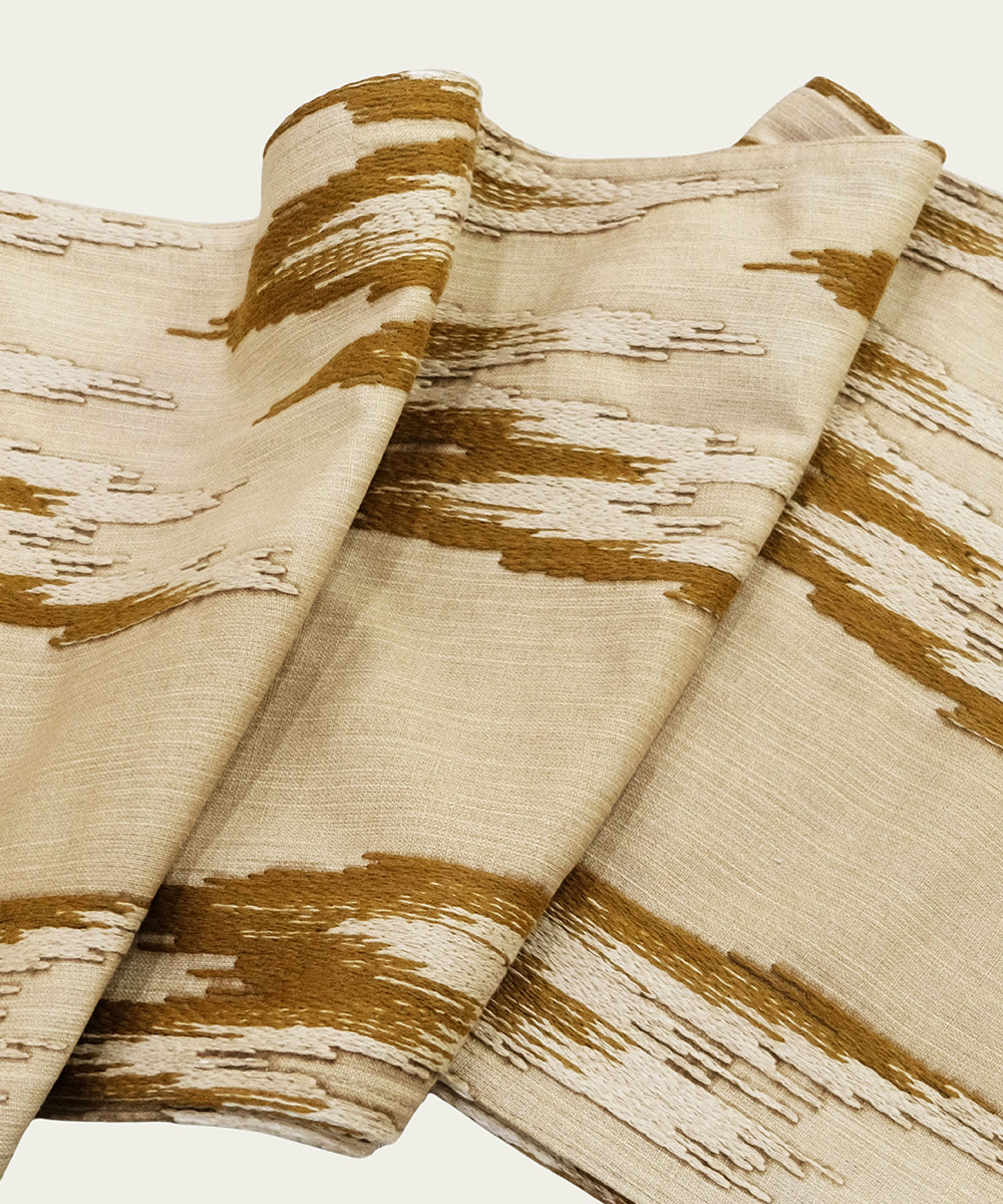 6 seater Beige & Brown Ikat Embroidered Cotton Table Runner