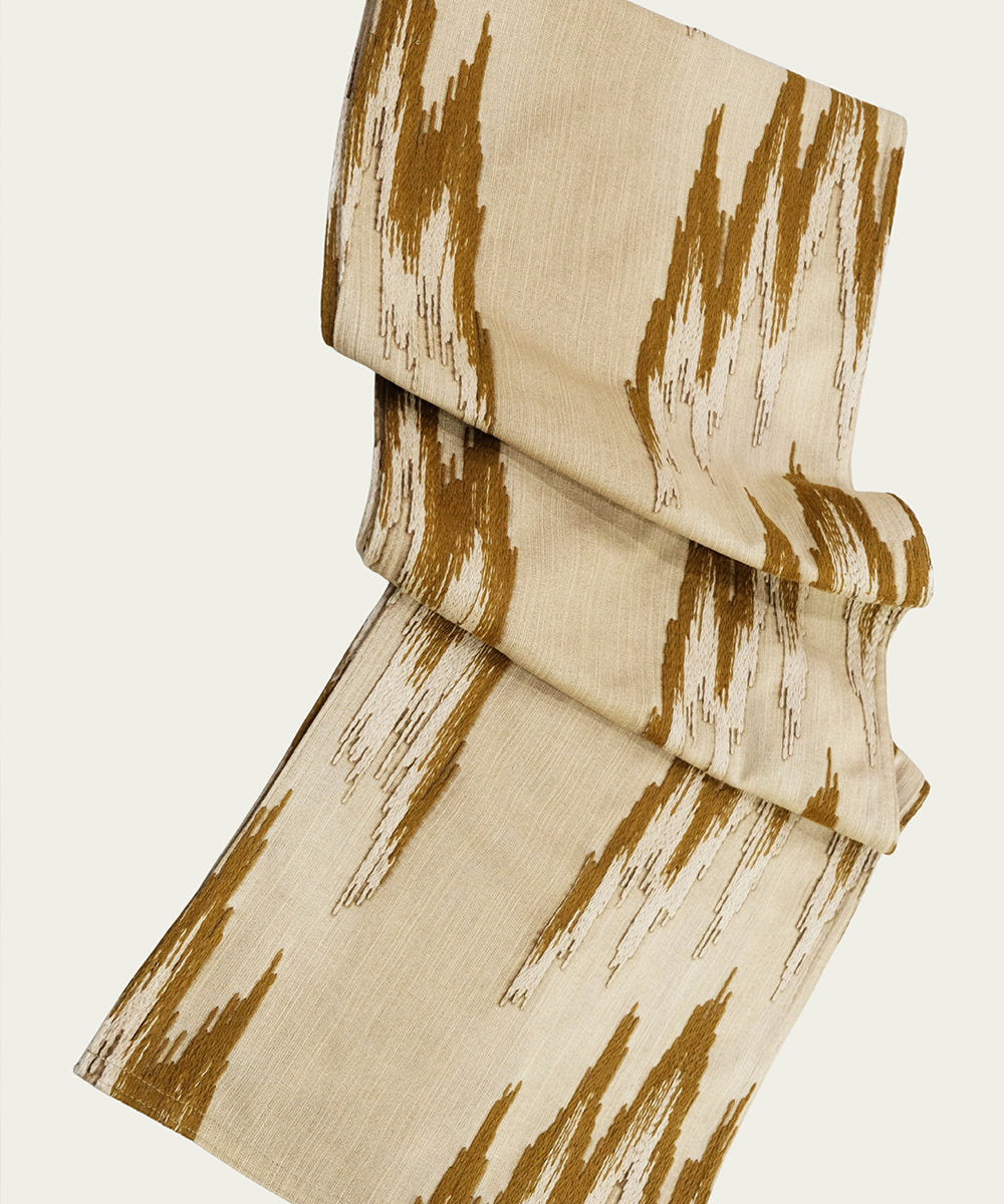 6 seater Beige & Brown Ikat Embroidered Cotton Table Runner