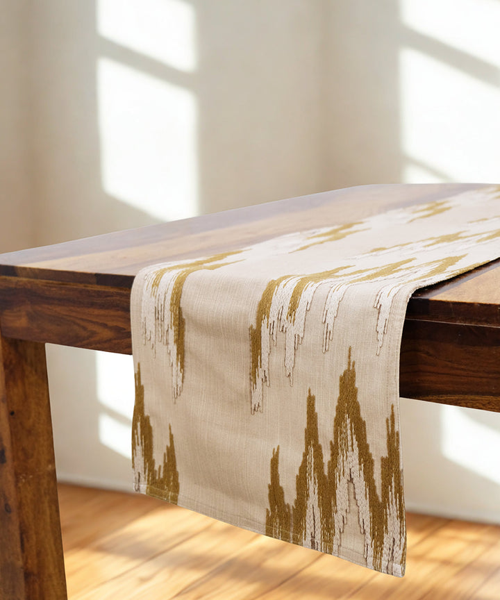 6 seater Beige & Brown Ikat Embroidered Cotton Table Runner