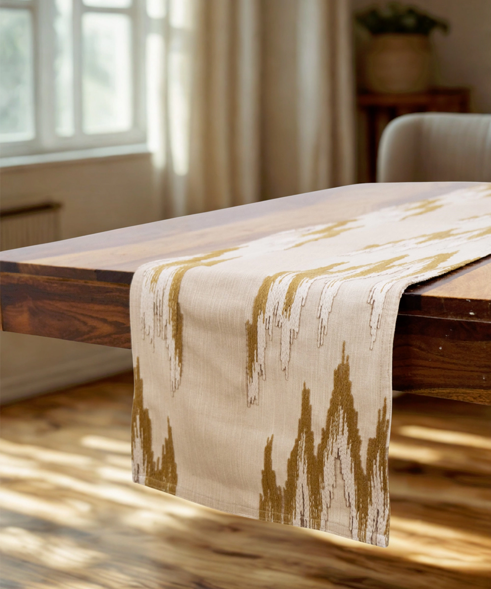 6 seater Beige & Brown Ikat Embroidered Cotton Table Runner