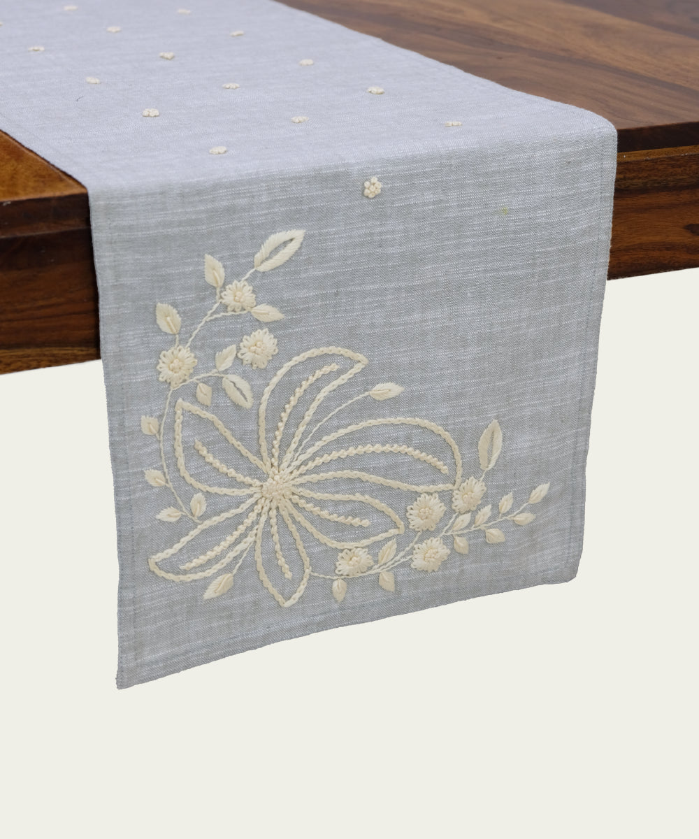4 Seater Slate Blue Cotton Slub with Ecru Floral Hand Embroidered Table Runner (13"x50")