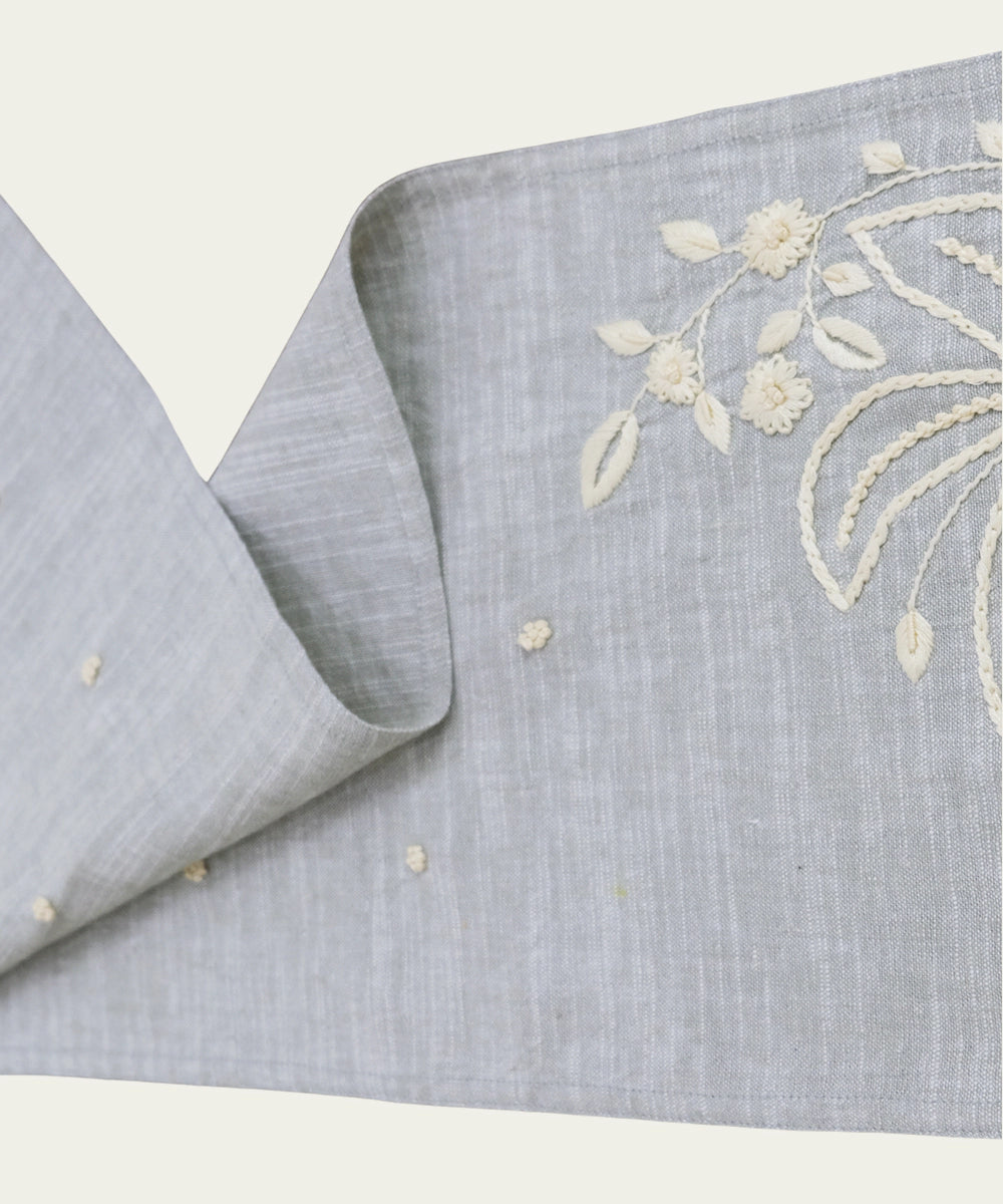 4 Seater Slate Blue Cotton Slub with Ecru Floral Hand Embroidered Table Runner (13"x50")