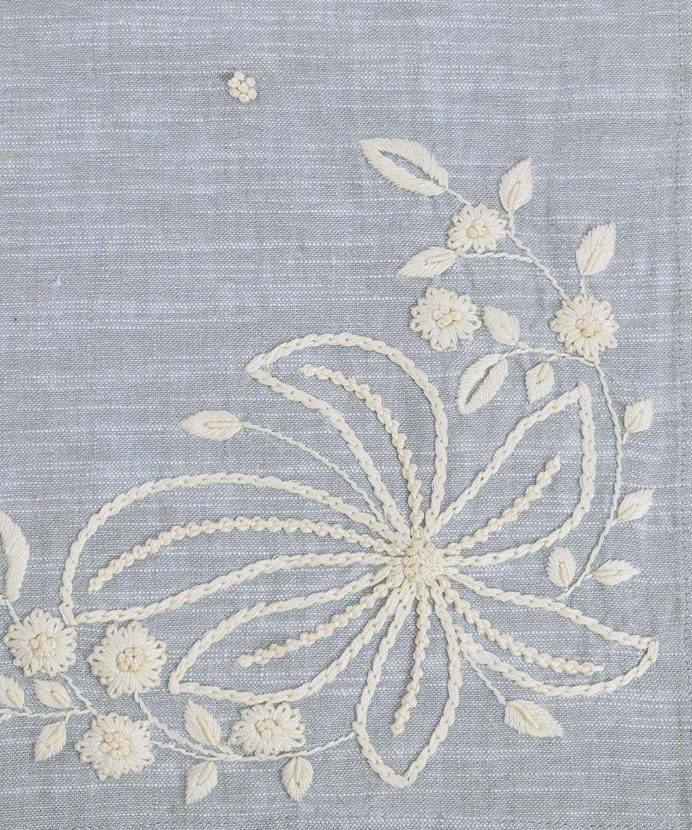 4 Seater Slate Blue Cotton Slub with Ecru Floral Hand Embroidered Table Runner (13"x50")