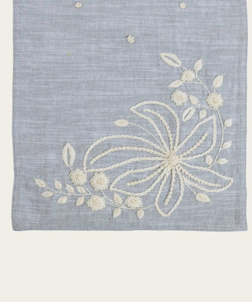 4 Seater Slate Blue Cotton Slub with Ecru Floral Hand Embroidered Table Runner (13"x50")