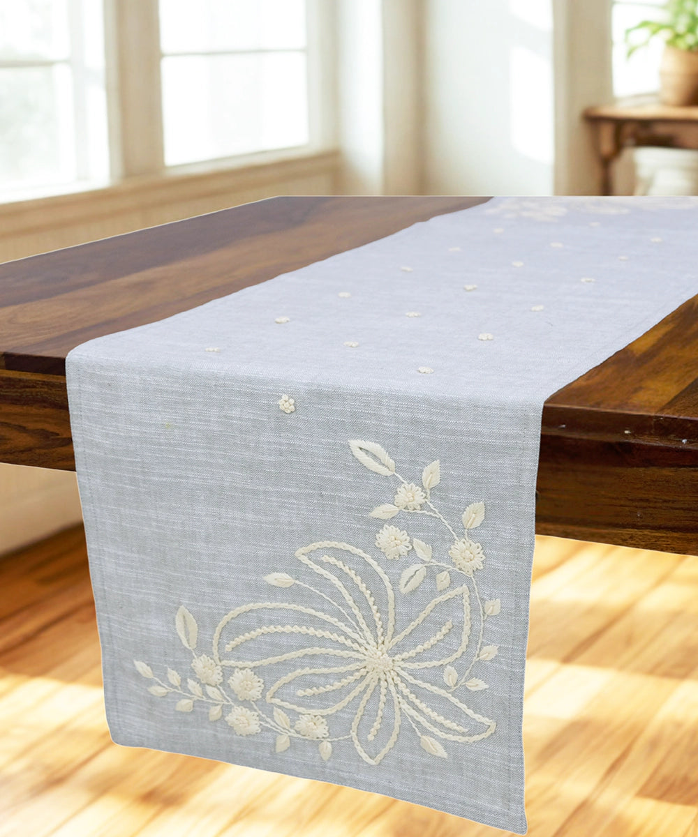 4 Seater Slate Blue Cotton Slub with Ecru Floral Hand Embroidered Table Runner (13"x50")