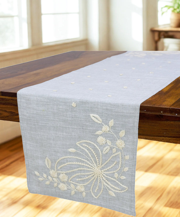 4 Seater Slate Blue Cotton Slub with Ecru Floral Hand Embroidered Table Runner (13"x50")