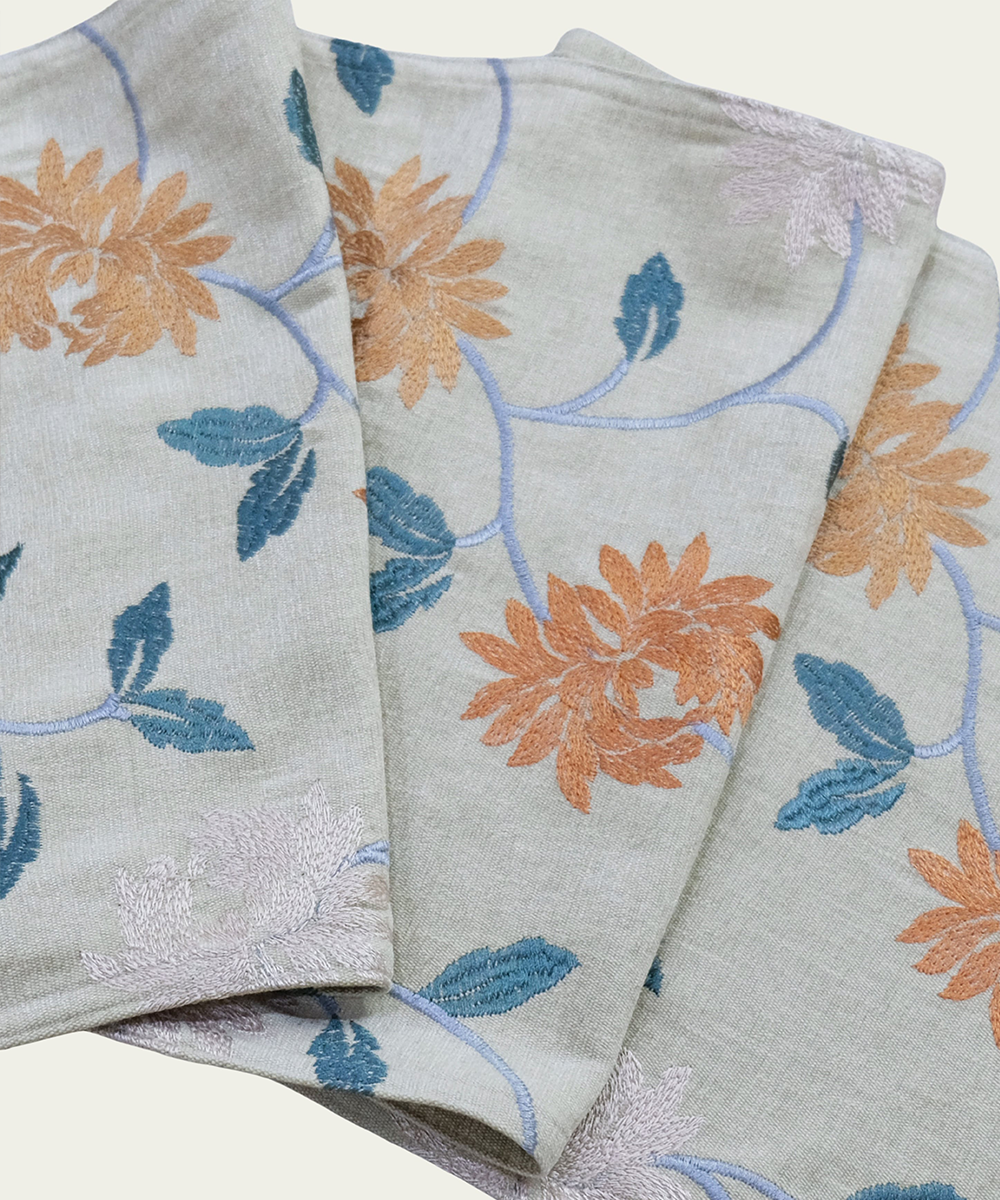 4 seater Beige with multi floral Embroidered Cotton Table Runner