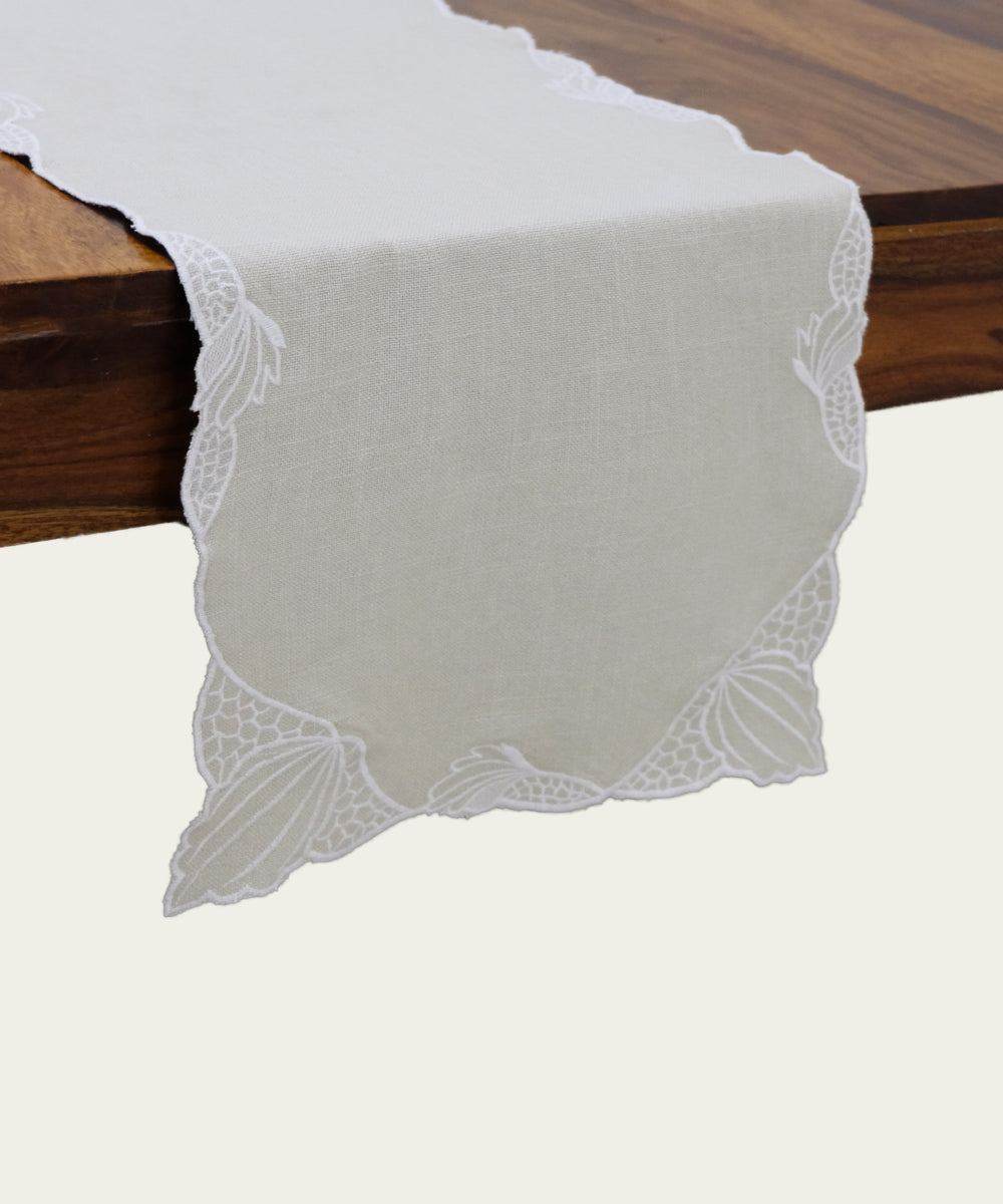 Natural Beige Cotton Slub Cutwork Table Linen Set – Set of 6 Placemats & 1 (6-Seater) Table Runner
