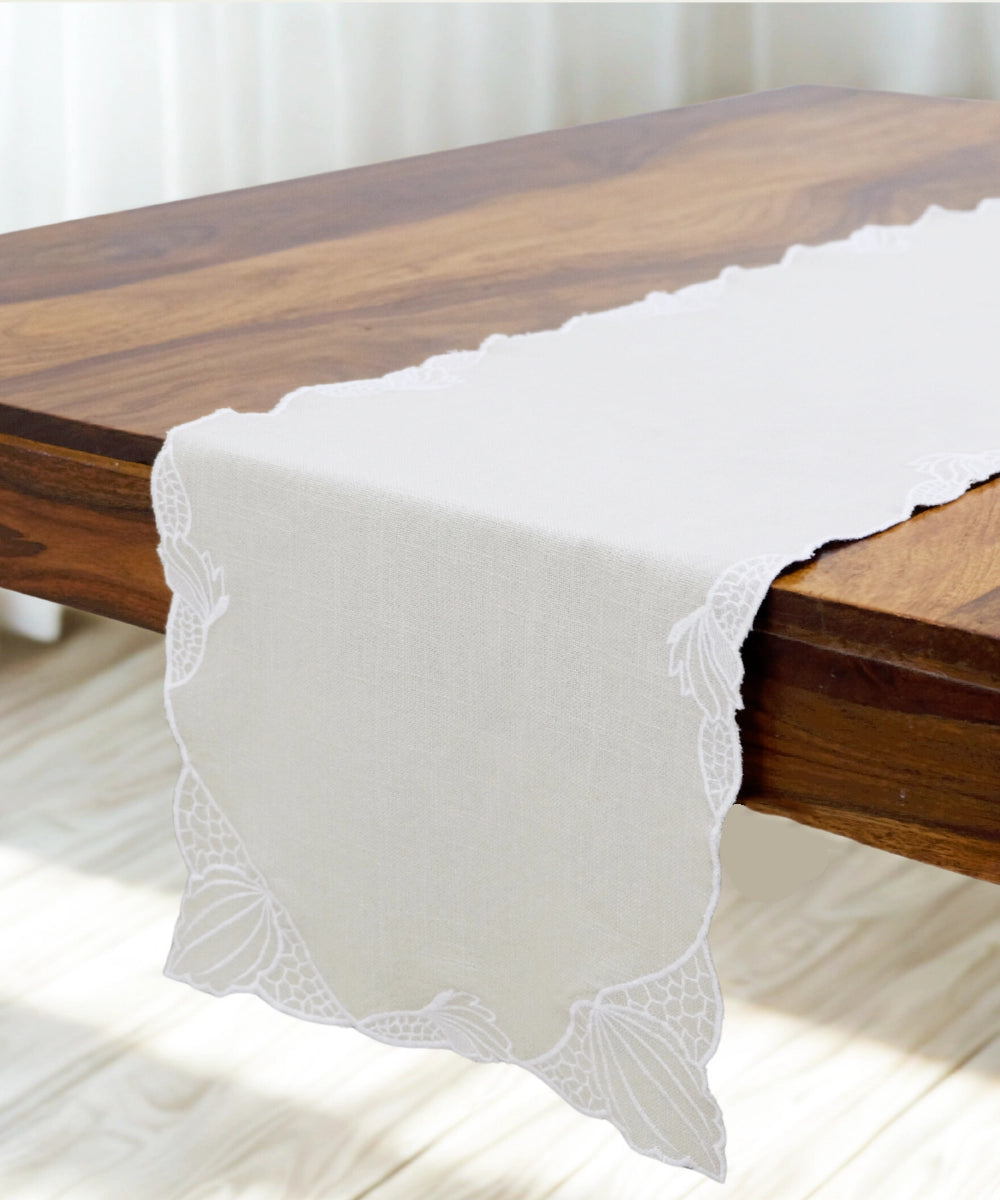 6 Seater Beige Cotton Slub Cutwork Table runner (12"x75")