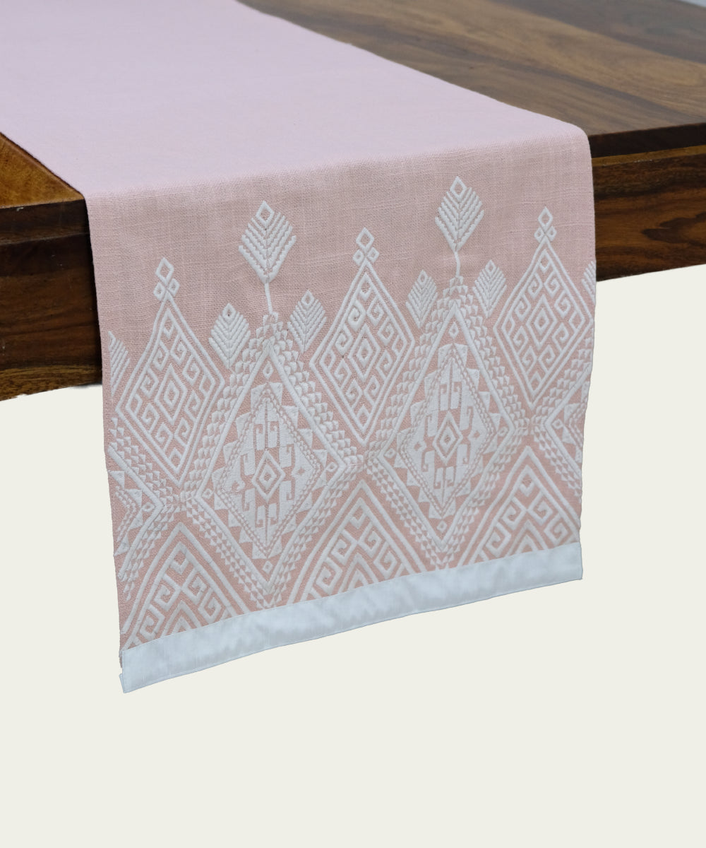 Coral Geometric Embroidered Cotton Slub Table Linen Set – Set of 6 Placemats & 1 (6-Seater) Table Runner
