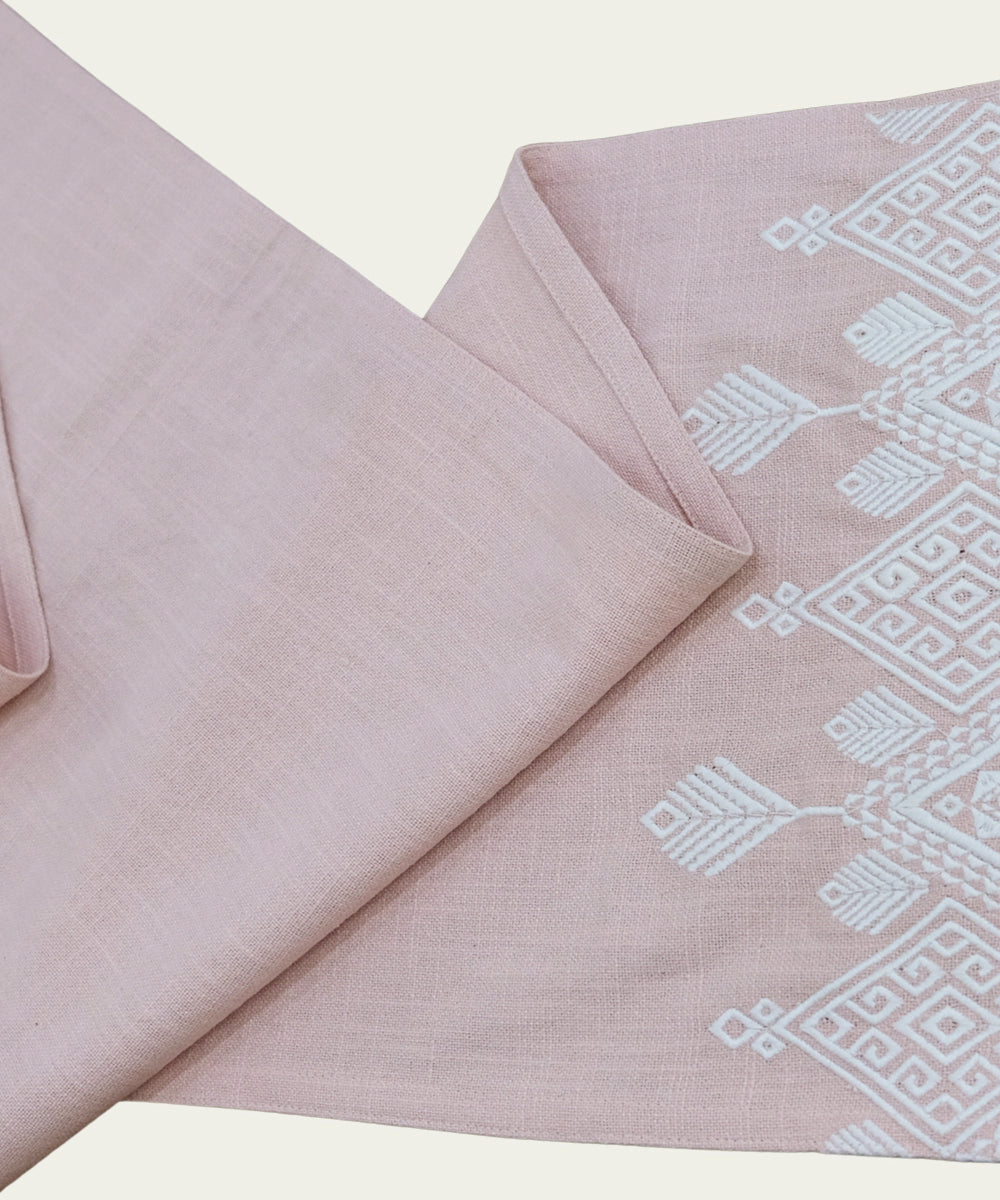 Coral Geometric Embroidered Cotton Slub Table Linen Set – Set of 6 Placemats & 1 (6-Seater) Table Runner