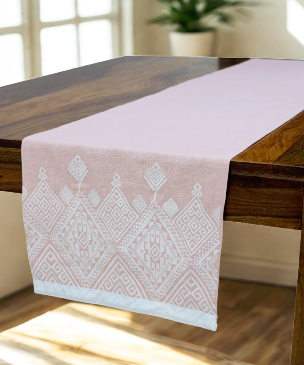 Coral & White Embroidered Cotton Table Linen Gift Set | 1 Runner + 6 Mats + 6 Napkins