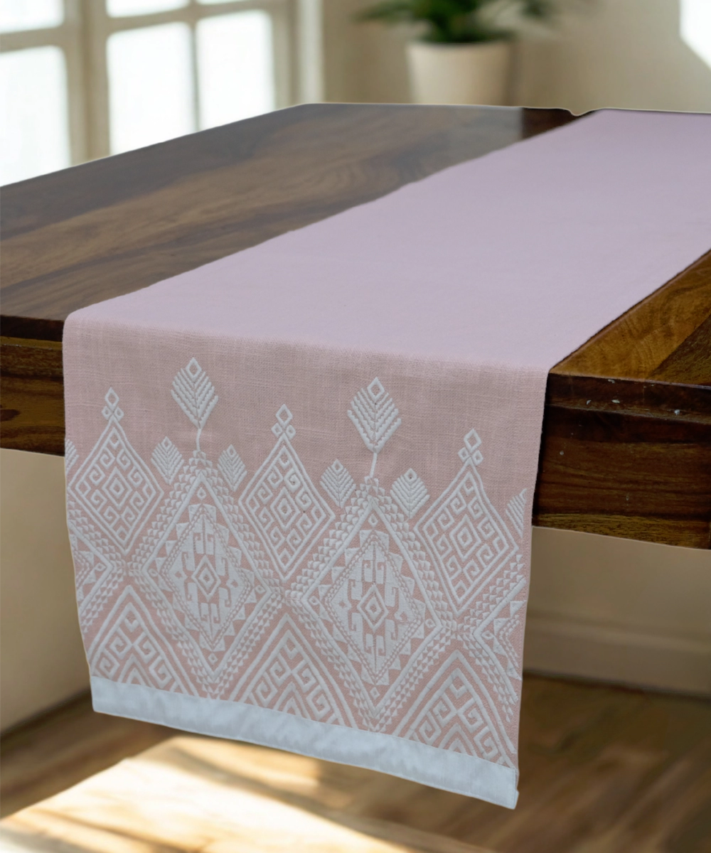 6 Seater Coral Cotton Slub Geometric Embroidered Table Runner (13"x84")