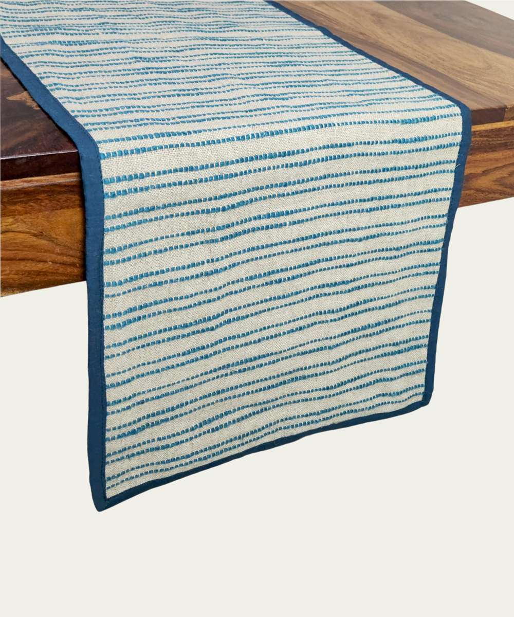 6 seater Linen Natural & Teal Yarn Dye Table Runner